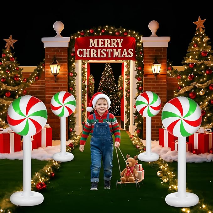 1 Pcs Christmas Inflatable Outdoor Decorations 4 FT Christmas Candy Inflatable Column Decoration for Winter Xmas Lawn Yard Garden Home Decor