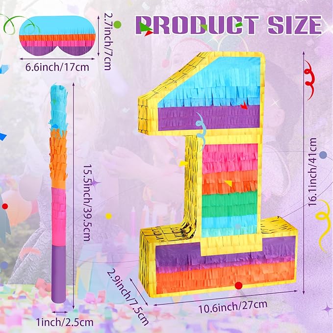 Rainbow Number 1 Pinata Birthday Decorations for Kids, Rainbow Pinata with Bat Stick Blindfold for Boys Girls Birthday Celebrations Baby Shower Party Supplies (16.1x10.6x2.9 Inches)