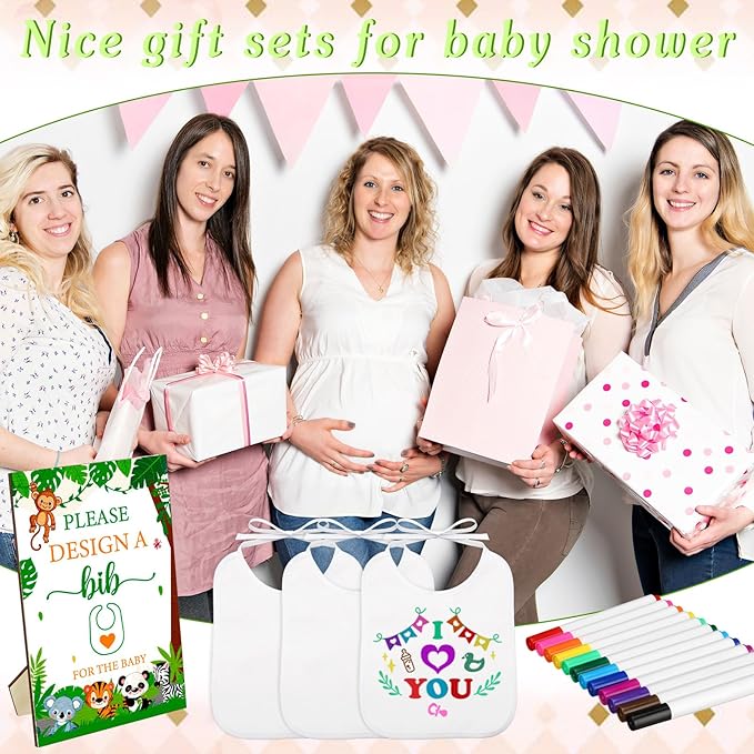 50 Pcs Baby Shower Game White Bib Kit Include 1 Wooden Baby Shower Game Sign 25 DIY Blank White Bibs 24 Colorful Markers(Animal)