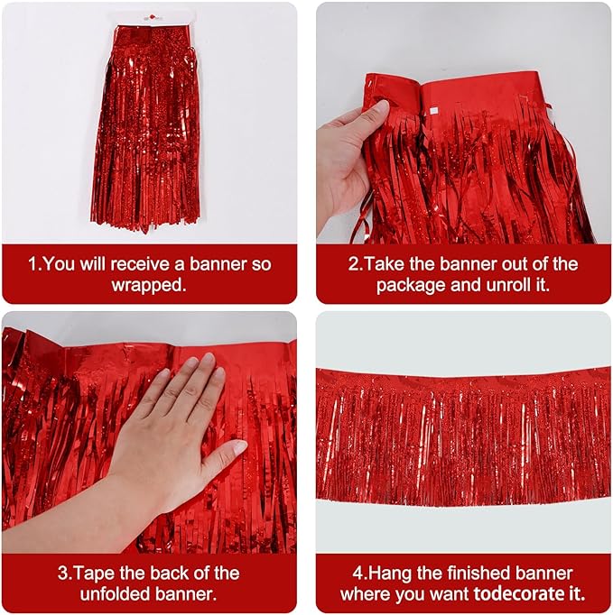 BEISHIDA 3 Packs Metallic Foil Fringe Garland Laser Red Wall Hanging Tinsel Fringe Banner for Car Floats Bridal Shower Wedding Valentine's Day Birthday Anniversary Graduation Party Decoration(30 Feet)