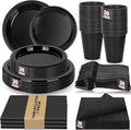 Black Plastic Plates for Party,30 Guest Disposable Plastic Plate Set 9" Plates,7" Dessert Plates,Napkins,Cups,Forks & Tablecloth for Birthday,Halloween,Christmas,Graduations