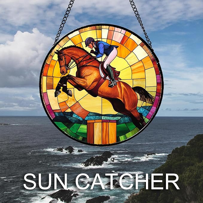 Stained Glass Window Hanging Equestrian Sports 7.8" - Horse Suncatcher Door Garden Sunroom Sun Catcher Home Decor Birthday Christmas for Mom Men Woman Nana
