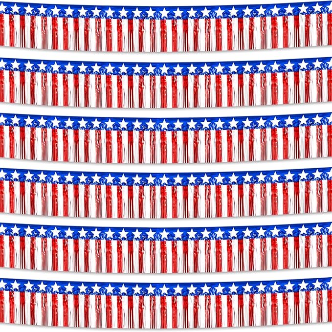 6 Pack 10 Feet Foil Fringe Garland Metallic Tinsel Streamers Banner Wall Hanging Backdrop Banner for Parade Floats, Thanksgiving, Christmas, Birthday, Halloween Party Decorations White red Blue