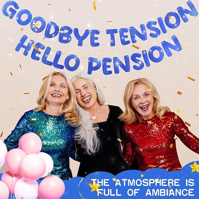 Retirement Banner Pre-Strung GOODBYE TENSION HELLO PENSION Banner Glitter Retirement Party Supplies Decorations for Women Men Office Home Decor (Blue)