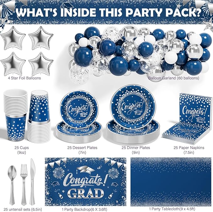 Ecomore 2026 Graduation Decorations - 245 PCS Grad Disposable Dinnerware(Serve 25) & Graduation Party Supplies With Congrats Paper Plate Cup Napkin Tablecloth Backdrop Balloon Kit - Navy Blue Sliver