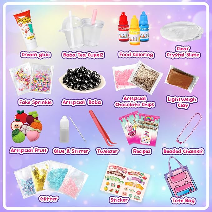 46PCS Slime Boba Tea Making Kit for Girls ages 8-12, DIY Pretend Play Food Toys, Bubble Tea Cups/Bag/Clear Slime/Add-ins, Making Miniature Food, Christmas Party Favors Gift for Kids 6 7 9 10 11
