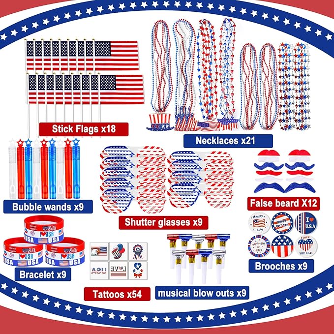 150 Pcs 4th of July Patriotic Accessories for Kids, Fourth of July Party Favor Supplies, Independence Day Memorial Day Decor Dressing-up Accessories, Classroom Prizes for Students
