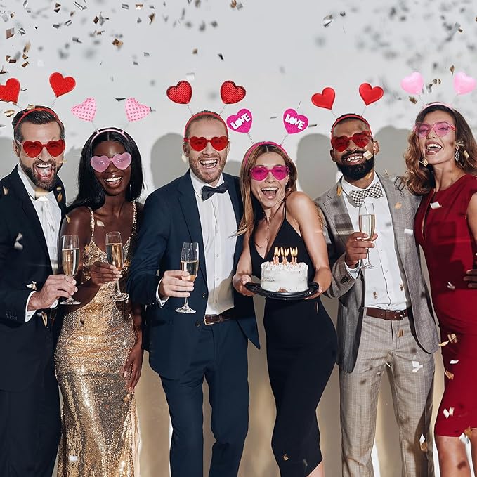 48 Pcs Red Love Heart Bopper Glitter Headbands and Heart Sunglasses, Wedding Party Pink Eyeglasses for Decor