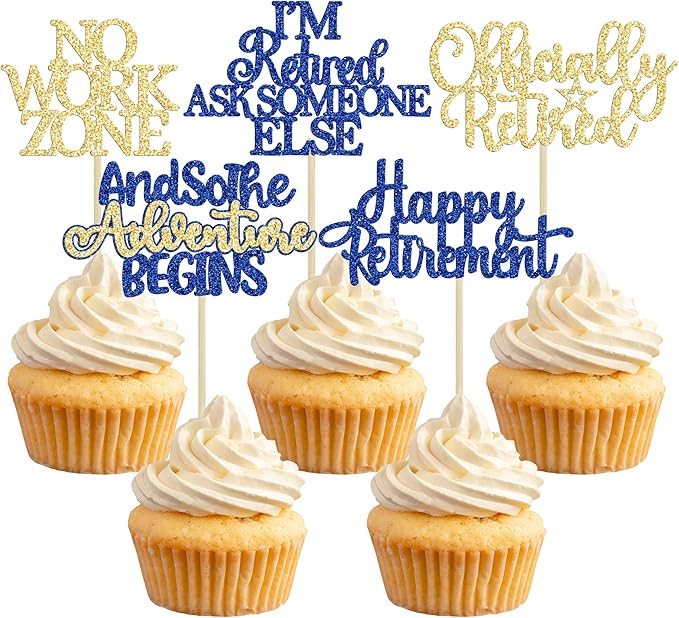 Gyufise 30Pcs Happy Retirement Cupcake Toppers Officially Retired Cake Toppers No Work Zone Adventure Begins Cupcake Picks for Retirement Theme Farewell Birthday Party Decorations Supplies Blue Gold