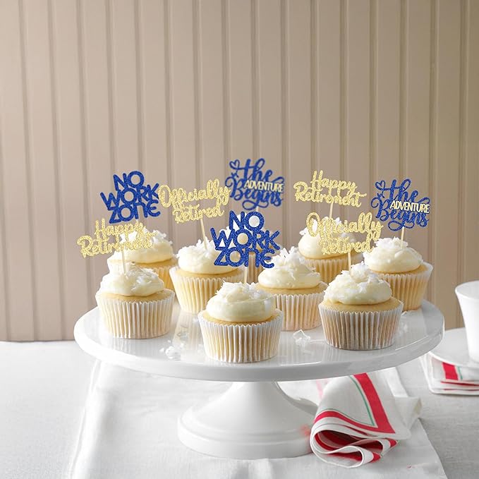 24Pcs Happy Retirement Cupcake Toppers Officially Retired Cake Toppers No Work Zone Adventure Begins Cupcake Picks Retirement Theme Farewell Birthday Party Decorations Supplies Gold Blue