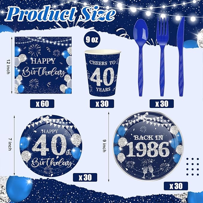 240 Pcs 40th Birthday Decorations 1986 Birthday Party Tableware Include Plates Napkins 9oz Cups Cutlery 40th Anniversary Party Supplies for Men Women Him Her, Serve 30 Guests (Blue Silver)