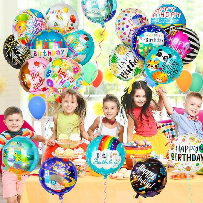 120Pcs Mylar Birthday Balloons, Happy 18IN Round Birthday Foil Helium Balloons Bulk for Party Decoration Supplies