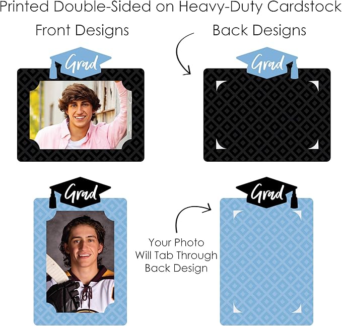 Big Dot of Happiness Light Blue Graduation Photo Display Centerpiece Kit - 15 Double-Sided Photo Table Topper Sticks, Vertical and Horizontal 4x6 Picture Holders, DIY Party Decoration Set