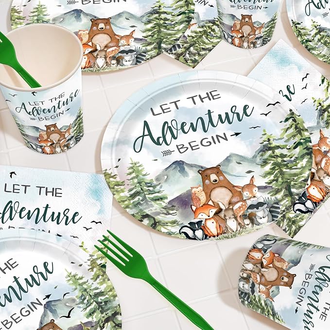 120pcs Let The Adventure Begin Party Supplies Baby Shower Plates Napkins Tableware Set Disposable Cups Green Forks Adventure Party Supplies for 24 Guests