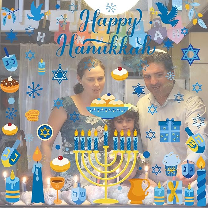 152PCS Hanukkah Window Clings, Happy Hanukkah Party Decorations, Blue Gold Menorah Star Window Decals Party Stickers for Home Class Jewish Decorations Supplies Accessories
