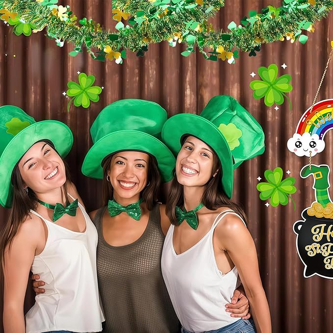 50 Ft St Patricks Day Garland Decorations,Lucky Gold Green Irish Shamrock Hat Glitter Tinsel Garland Hanging Decor for Tree Mantle Holiday Party Bedroom Office Classroom Indoor Outdoor