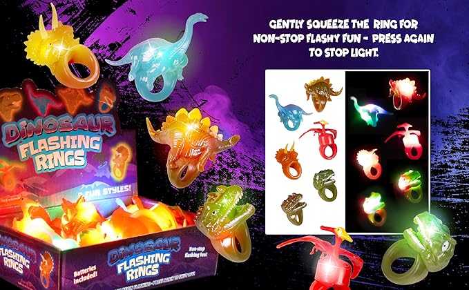 Kangaroo 12 Pack Dinosaur LED Light up Rings Bulk - Flashing Colorful LED Finger Lights Party Favors for Fun - Glow in the Dark Bumpy Blinky Rings for Rave Trinkets and Easter Basket Stuffers for kids