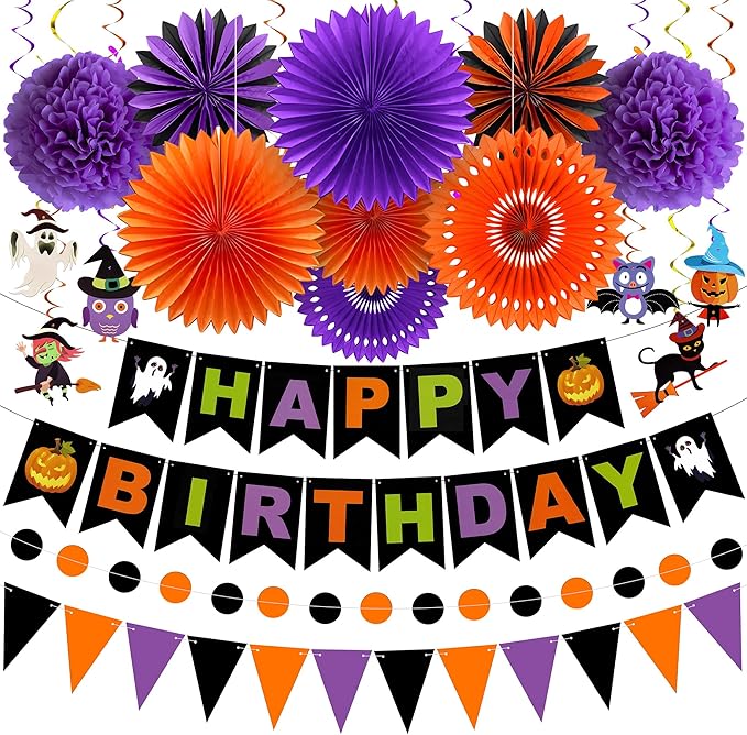 KatchOn, Halloween Birthday Party Decorations Set - Pack of 31 | Halloween Happy Birthday Banner, Honeycomb Balls, Paper Fans, Hanging Swirls Garland for Indoor Decor | Happy Brithday decorations