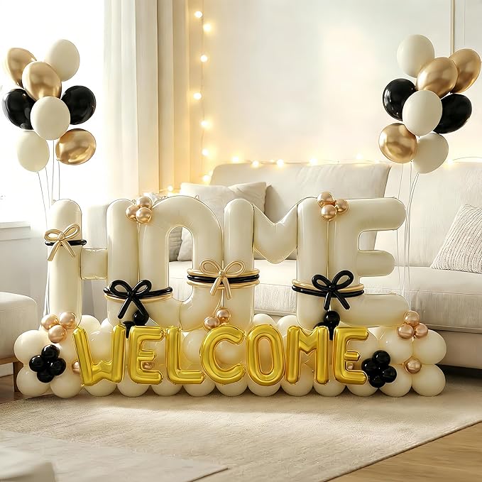145Pcs Housewarming Party Decorations, 40Inch Beige Welcome Home Balloon Banner, Cream Ivory Black Gold Balloons for New Home Sweet House Warming Homecoming Party
