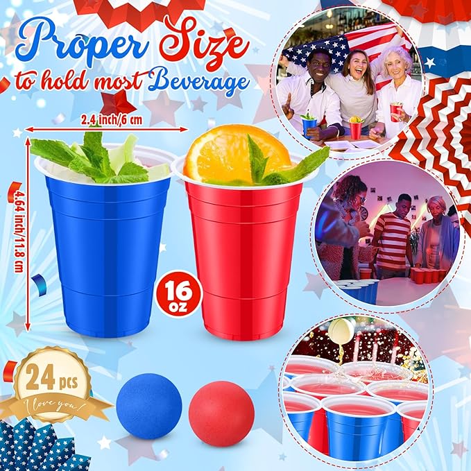 32 Pieces Veterans Day Party Supplies 24 Pcs Red Blue 16 oz Plastic Cup and 8 Pcs Ball Set for Party Game Independence Day Decorations