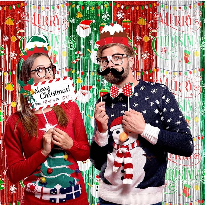 Avezano 98pcs Christmas Decorations Set, Merry Christmas Foil Fringe Tinsel Curtains Balloons Arch Garland Favors for Kids & Adults Selfie Picture Holiday Party Props for Photo Backdrop Supplies