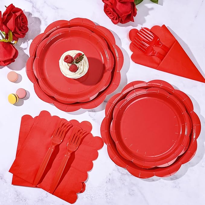 96 Pcs Red Paper Plates and Napkins Set Party Supplies, Tableware set for 24 Guest include Disposable Red Scalloped Plates, Napkins and Forks for Baby Shower Bridal Shower Wedding Christmas