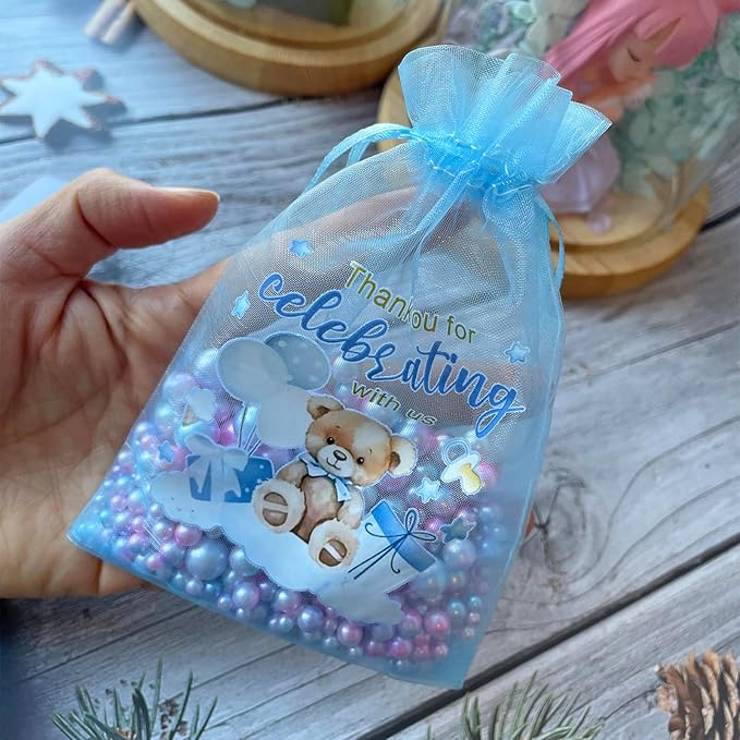LXKBD 50PCS Organza Bags for Baby Shower Party Favor,4x6 Inch Small Blue Sheer Drawstring Mesh Pouch for Boy Birthday Gift Bag