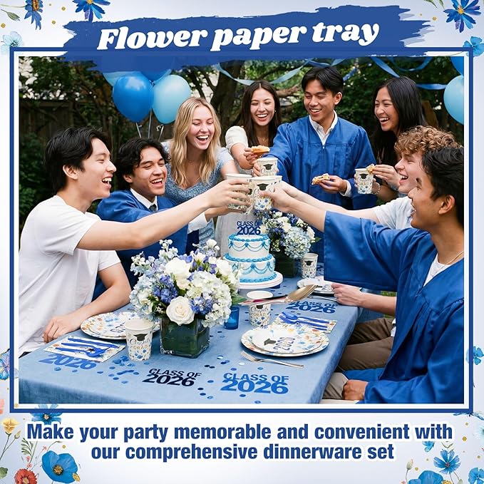 400 Pcs Class of 2026 Blue Floral Graduation Decorations for 50 Guests, Blue Gold Flower Graduation Paper Plates Napkins and Cups Cutlery Grad Tableware for 2026 Congrats Grad Party Supply