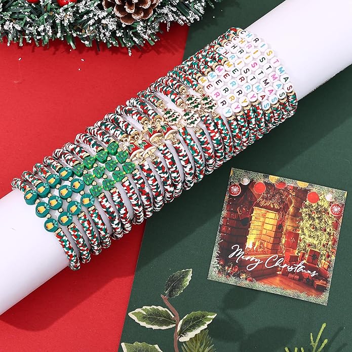 Cooluckday 36 Pcs Holiday Heishi Surfer Bracelets for Women Bulk Easter Mother's Day Christmas St. Patrick's Day Mardi Gras Bracelet Stackable Stretch Friendship Bracelets Set