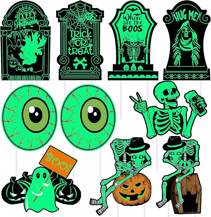 10 PCs Halloween Decorations Outdoor Tombstone Yard Sign with Stakes Glow in The Dark Graveyard Tombstones Pumpkin Ghost Props for Family Home Front Yard Lawn Garden Halloween Party Decor