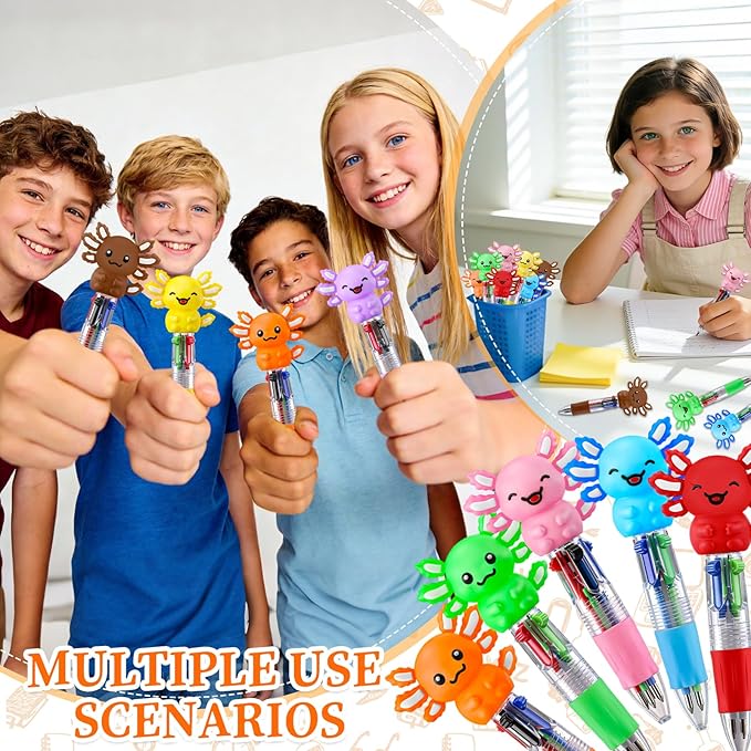 CZWZ 30Pcs Mini Multicolor Pens in One 4-in-1 Cute Pens Bulk, Ballpoint Pen for Birthdays and Parties, Fun Gifts Assorted Ink Kawaii Pen(Axolotl)