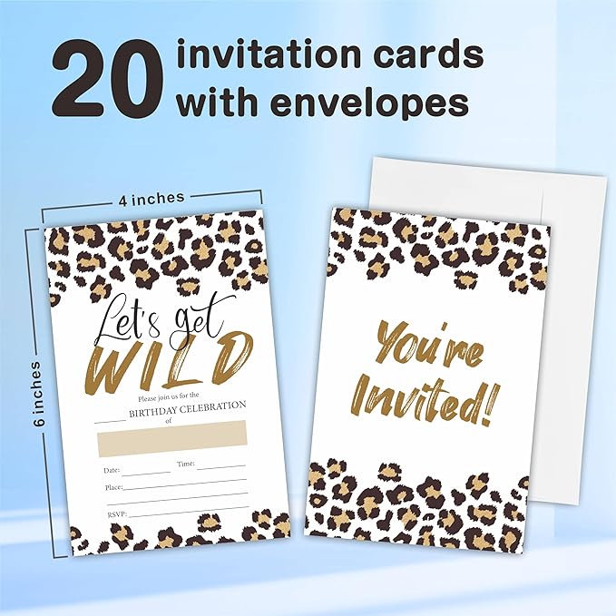 Let's Get Wild Birthday Invitation(4"X 6"), Leopard Print Double-Sided Invites, 20 Birthday Invitations With Envelopes, Party Decoration & Supplies - A15