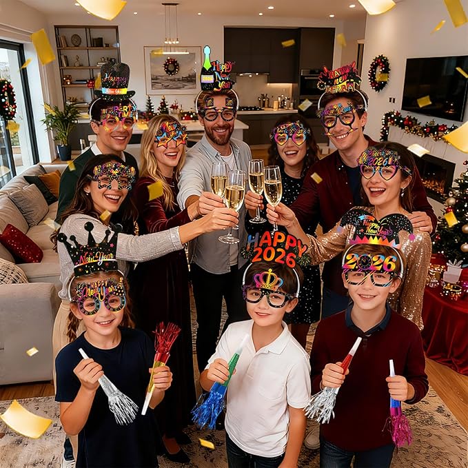 Konsait 40 PCS New Years Eve Party Supplies, Colorful Happy New Years Glasses, New Year Headband, 2026 New Year Noise Makers for Happy New Years Decorations 2026 Kit New Years Eve Party Favors