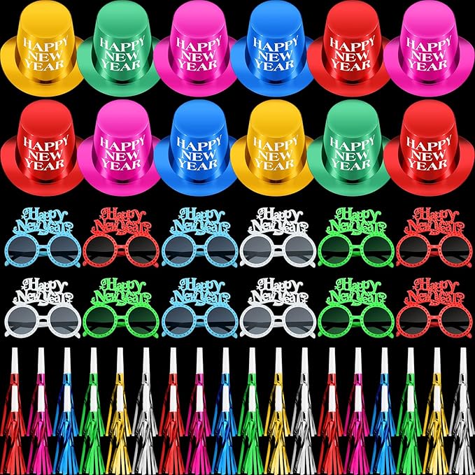 Shappy 36 Pieces New Year Eve Party Supplies 2026 Includes 12 Paper New Year Party Hats, 12 Colorful Glasses, 12 Colorful Blowers Noisemakers for 2026 Decorations Supplies