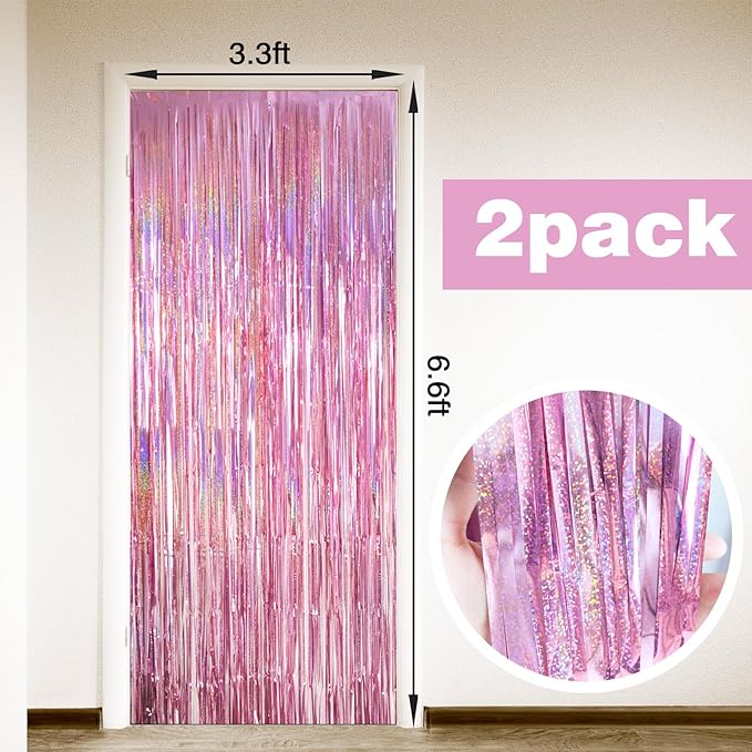 MYUPDALIN 2 Pack Pink Party Backdrop Decorations Tinsel Curtain Pink Princess Bachelorette Theme Party Decorations