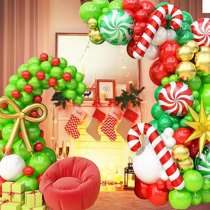 Christmas Balloon Arch Garland Kit, 141Pcs Red and Green White Xmas Balloon with Candy Cane Gold Explosion Star Foil Balloons for Merry Christmas Holiday Woodland Winter New Year Party Decorations