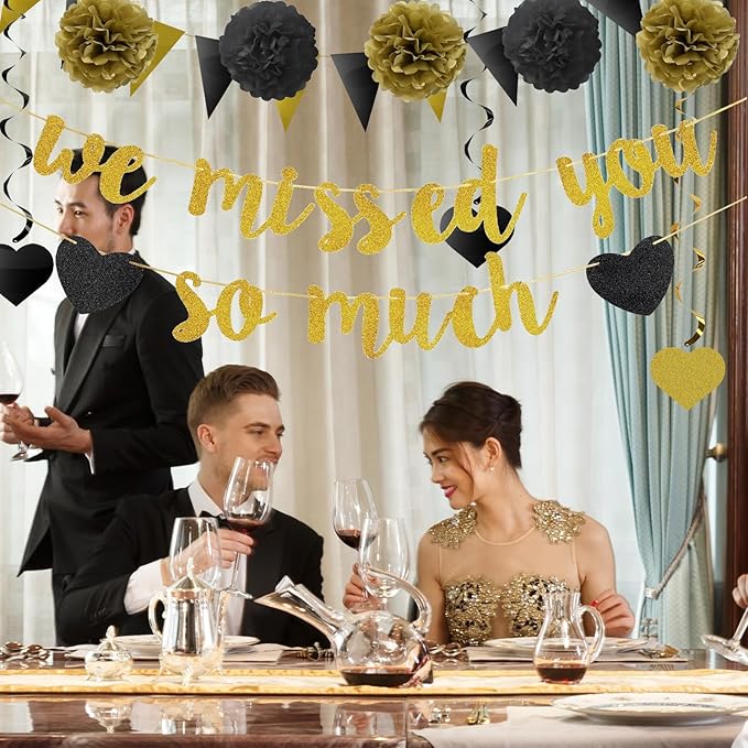 We Missed You So Much Banner, 12Pcs Triangle Flags, 6Pcs Pom Poms Paper Flower Balls, 6Pcs Hanging Swirls Welcome Back Welcome Home Decoration Families Friends Colleague’s Return Celebration Decor Kit