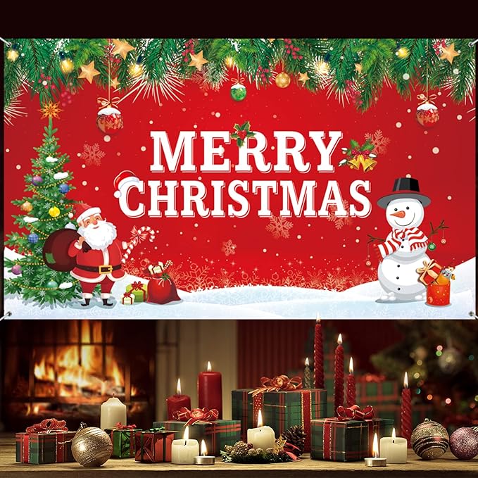 Merry Christmas Backdrop for Photography Banner Large Snow Wonderland Backdrop Winter Snowman Scene Xmas Santa Tree Background for Outdoor Indoor Christmas Decorations Party Gifts, 72.8 x 43.3 Inch