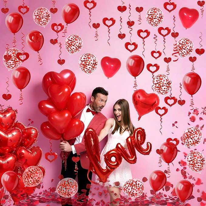 Fecedy Love and Heart-Shaped Aluminum Foil Balloon,Heart-Shaped and Round Latex balloons,Confetti Balloon,Fake Petals,Hanging Streamers for Valentines Bridal Shower Anniversary Engagement Decorations