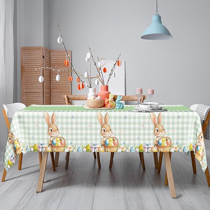 6 Pack Easter Tablecloth, 54" x 108" Disposable Easter Decorations Spring Tablecloth, Sage Green Bunny Plaid Easter Table Cloths, Rectangle Plastic Table Cover for Spring Party Decorations Supplies
