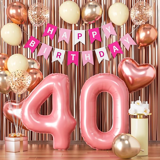 40th Birthday Decorations for Women, Rose Gold and Pink Party Supplies Set with Happy 40th Banner, Number 40 Balloon and Foil Fringe Curtains, 40 Year Old Kit