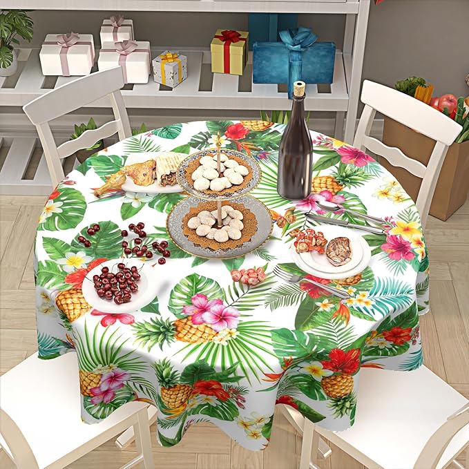 Summer Tropical Pineapple Round Tablecloth 70 Inch Green Hawaiian Palm Leaf Circle Table Cloth Floral Table Cover Washable Polyester Decorations for Kitchen Dinning Room Party