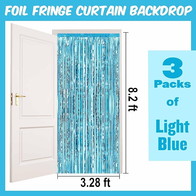 3 Pack Light Blue Foil Fringe Curtains Backdrop, 3.28 x 8.2 Ft Metallic Streamers Tinsel Curtains Background for Photo Booth, Birthday, Halloween, Christmas, Thanksgiving, New Year Party Decorations