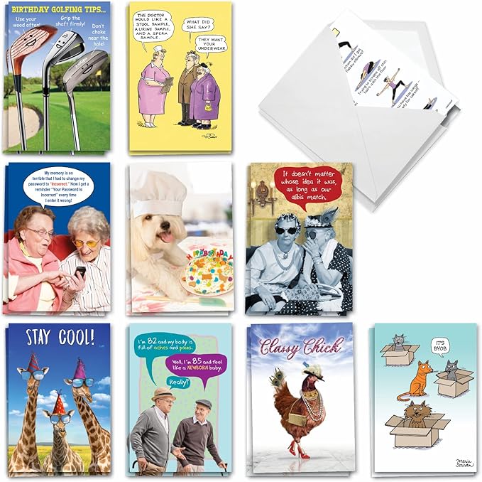 NobleWorks - 20 Funny Box Set Birthday Greeting Cards Variety Bulk Pack w/Envelopes for Men and Women (2 each, 10 Designs) - Birthday Wishes AC8838BDG-B2x10