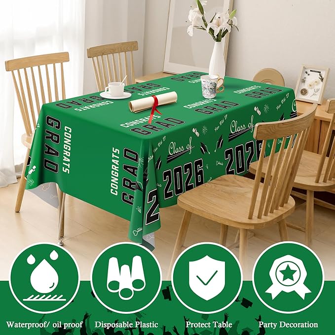 OHOME Class of 2026 Decorations - Graduation Party Decorations 2026 - Disposable Plastic Green Tablecloth for Class of 2026 Decorations Party Favors Supplies Banner,54" X 108",2 Pack
