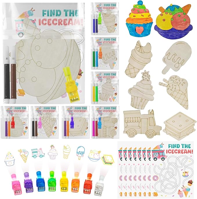 Cinrobiye 144 PCS Ice Cream Party Favors Two Sweet Wooden Painting Kits with LED Light Up Finger Lights, Candyland Donut Birthday Party Supplies, Goodie Bag Fillers,Pinata Fillers, Prize Bulk Set