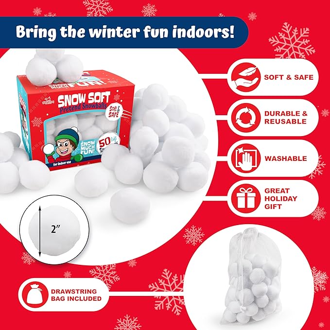 50 Pack Fun Fake Snowball for Kids 2 Inches - Artificial Snowballs Bulk for Indoor and Outdoor - Snow Ball for Decorations, Winter Toy Games Fights - Fun Christmas Party Activities