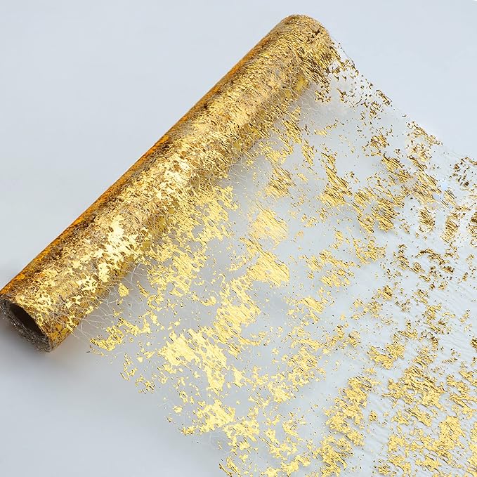 Snowkingdom Glitter Metallic Gold Table Runner 11 Inch x 100 Feet Thin Mesh Sparkle Runner Roll Table Decorations for Wedding Bridal Shower, Baby Shower, Christmas, Birthday Party