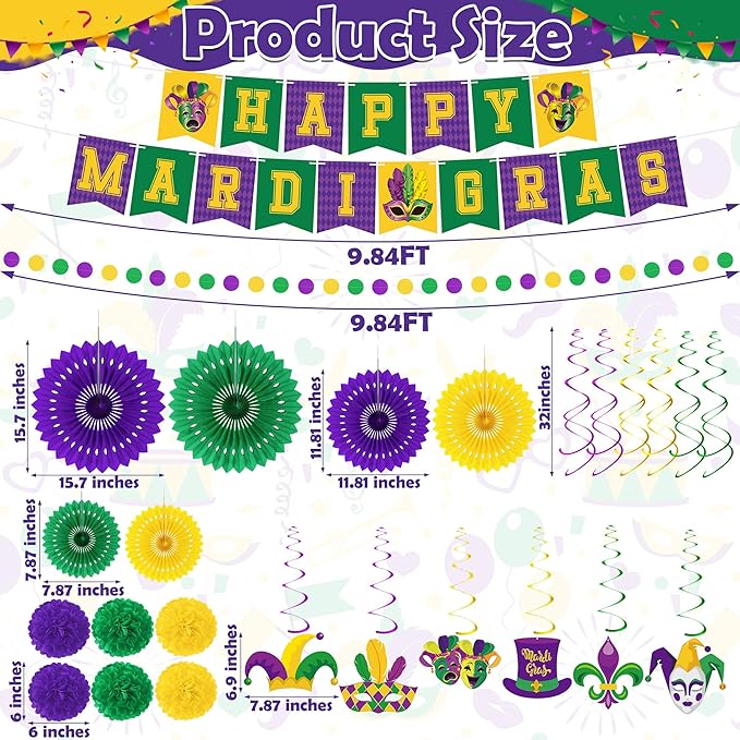 25PCS Mardi Gras Decorations, Mardi Gras Party Favors Decor Kit with Paper POMPOM, Happy Carnival Paper Fans Banner Felt Garland, Crown Hanging Swirls for Carnival Party Parade Accessories