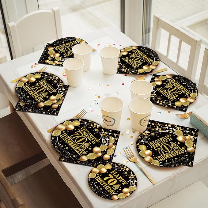 96Pcs 70th Birthday Party Tableware Set, Back in 1956 Birthday Party Decorations Supplies for Men Women Cheers to 70 Years Disposable Paper Plates Napkins Forks Favors, Serve 24